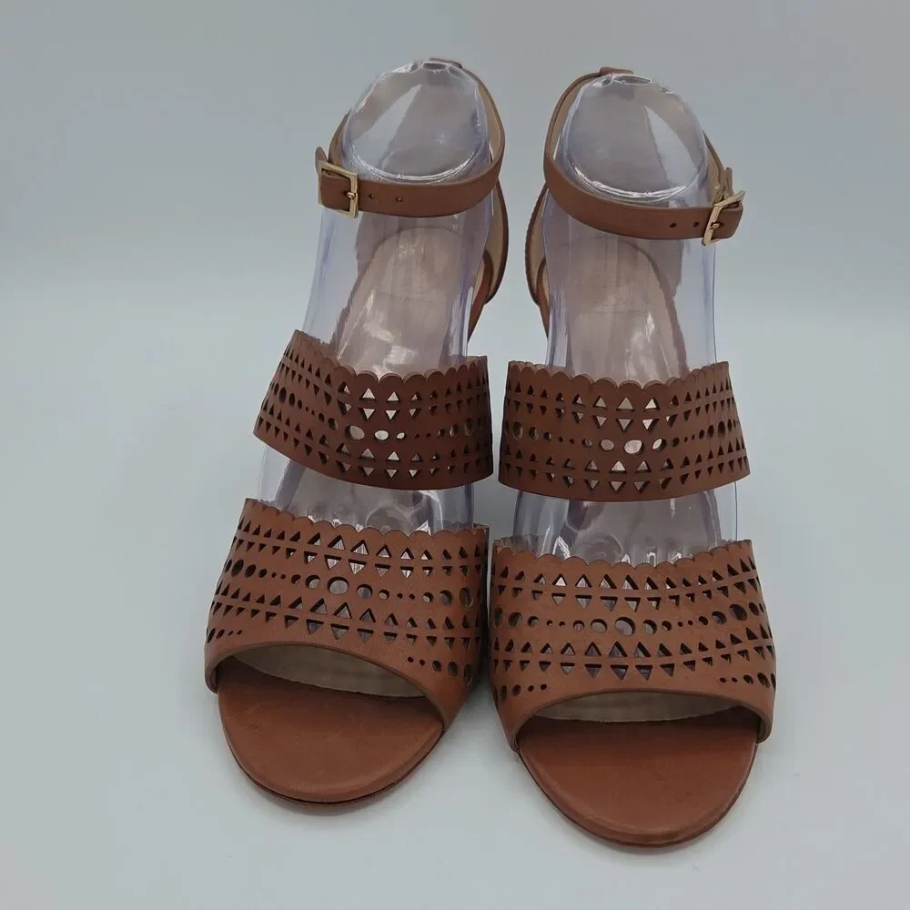 NWOB Tory Burch Perforated Gladiator Wedge Sandal 10.5 M Brown Leather Cutout